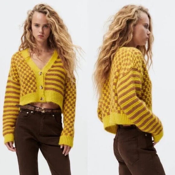 Zara Colourful Striped/Checkered Cropped Chunky Knit Cardigan - Picture 1 of 9